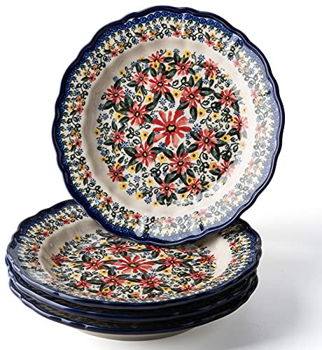 ONECCI Ceramic Salad Plate Set,Blue and White 8 inch Serving Plates Floral Dinner Shallow Plates Set of 4, Serving Bread Appetizer Dessert Snack (8 Inch) (Exotic Daisy)