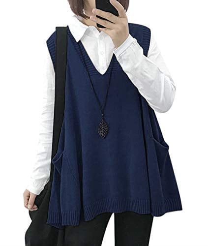 YESNO Women Loose V-Neck Knit Sleeveless Jumpers with Cute Drop Pockets WM9 | Soft thickened cotton fabric, loose plus‑size design, perfect for outer layering in autumn and winter