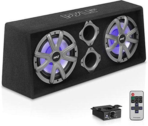 Pyle 10'' Dual Bass Subwoofer Box System - 500-Watt Slim Mount Truck Audio Subwoofer Box, 4 Layer Dual Voice Coil, Rear Vented Design with Built-in Illuminating LED Lights - PLBAS102LE
