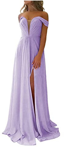 N/ C Abiti da damigella d'onore lunghi con spacco chiffon una linea pieghettata abiti da ballo con tasche C012, Lilla, 34