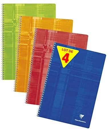 Clairefontaine 68141AMZC Lot de 4 Cahiers à Spirale - A4 21x29,7 cm - 100 Pages Grands Carreaux - Papier Blanc 90 g - Couverture Carte Pelliculée - Couleurs Aléatoires