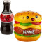 2 Stück - Spardosen - Hamburger + Flasche - incl. Namen - mit Verschluß - stabile Sparbüchse - aus Kunstharz/Polystone - für Kinder & Erwachsene/Sparschwe..