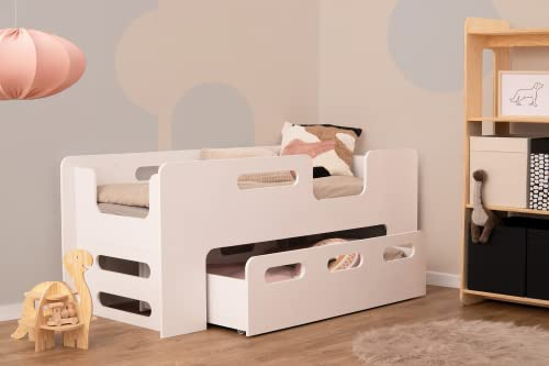 smartwood Kinderbett PIPI P 90x200 - Rechter Eingang - mit Lattenrost & Ausziehbett - Holzbett mit Rusfallschutz für Jungen & Mädchen - Weiß