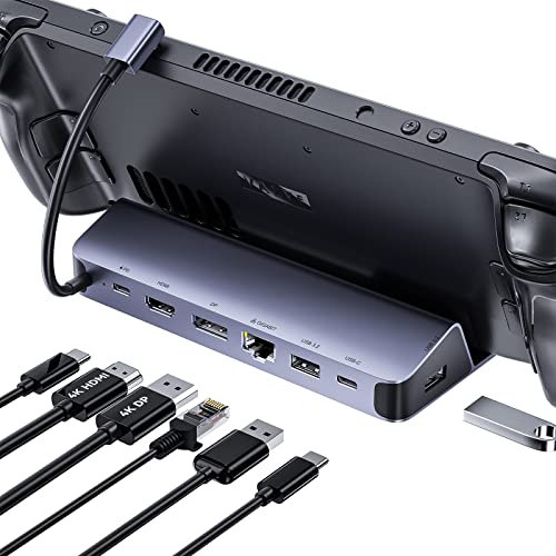 QUUGE Steam Deck Dock Dual Monitor, 7 in 1 Steam Deck Docking Staion wtih HDMI 2.0 & DisplayPort 1.4 4K60Hz, 2*USB-A & USB-C 5Gbps, 1000Mb Gigabit, 100W Charging, Steam Deck Accessories