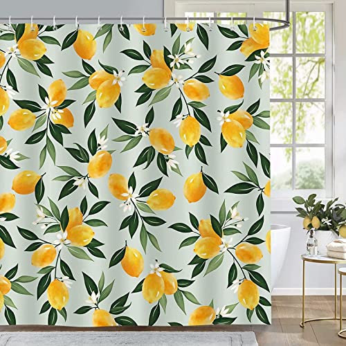 HATEGE Duschvorhang Anti-Schimmel Zitrone 3D Duschvorhänge 120x200 Fruchtgrünes Blatt Duschvorhang Textil Waschbar Wsserdicht für Badezimmer Badewanne Badevorhang Bad