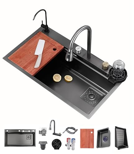 Spülbecken Schwarz Küche Kitchen Sink Wasserfall Spüle Küchenspüle Edelstahl, Single Bowl Einbauspüle Schwarz Waschbecken Große Spülbecken 1 Becken Mit Abnehmbaren Wasserhahn (Size : 68x45x21cm)