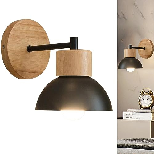 Wandlampe Eisen Wandstrahler Wandleuchte Nordischen Wandlicht aus Metall und Holz Retro E27 Moderne Deckenleuchte Lampen für Wohnzimmer Flur Schlafzimmer Restaurant Korridor Esstisch (Schwarz)