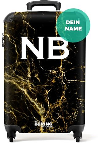 NoBoringSuitcases.com® Koffer personalisiert, Koffer Handgepäck 55x40x20cm - Trolley Handgepäck, Koffer Klein mit Rollen - Schwarzer Marmor mit Gold - Leicht - Koffer mit Namen Initialen