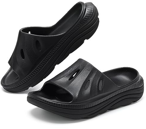 NPNYSY Womens Recovery Sandals Mens Comfortable Athletic Slides Thick Cushion Lightweight Plantar Fasciitis Sport Sliders of Indoor Outdoor,Arch Support Orthotic Open Toe, Black, 10 Women/8.5 Men