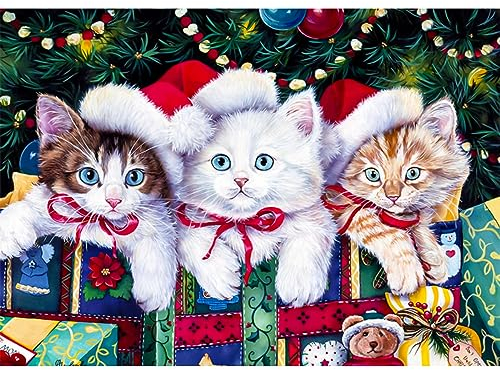 QENSPE 5D Diamond Painting Weihnachten Katzen Diamant Painting Bilder Weihnachten Diamond Art Erwachsene Full Diamant Kunst Malerei Stickerei Set Kreuzstich Bilder DIY Home Wand Dekor 30x40cm
