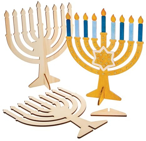 Baker Ross FX937 Holz-Menorah-Dekorationen - Packung mit 3, Religiöse Erziehungs-Kunsthandwerkssets für Kinder