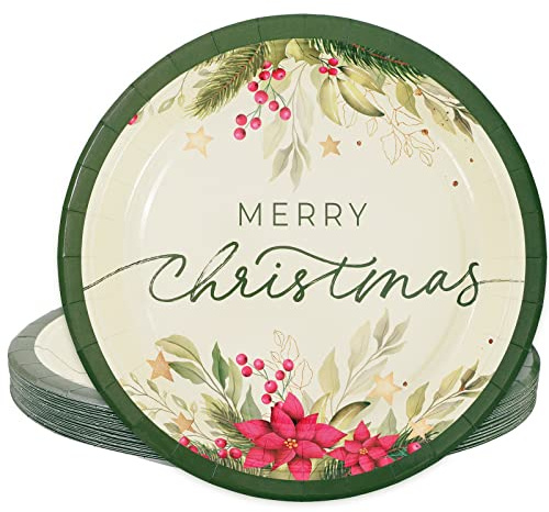 Whaline Lot de 40 assiettes jetables en carton de Noël vintage avec poinsettia de 22,9 cm - Vaisselle décorative pour Noël et fêtes d'hiver