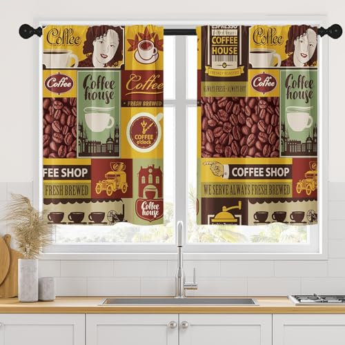Arttown Coffee House Retro-Küchenvorhänge, Auto, Vintage, Schokolade, kurze Fenstervorhänge, 2er-Set, Fensterbehandlung, Stufenvorhänge für Küche, über Spüle, Esszimmer, Dekor (66 x 91 cm)