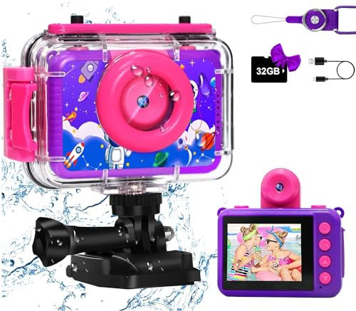 GKTZ Waterproof Camera for kids - 1080P HD Children Selfie Underwater Camera for Girls Age 3-14, Video Digital Camera with 32GB SD Card Toddler Toys for Girls 3 4 5 6 7 8 9 Years