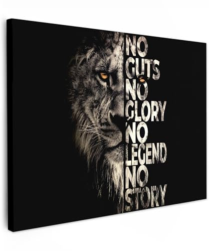 MuchoWow© Leinwand Bilder 80x60 cm Wanddeko Wohnzimmer Aesthetic Room Decor Deko Zimmer Wandbilder Modern Fotogeschenke Löwe - Sprüche - Tiere - No guts no glory no legend no story