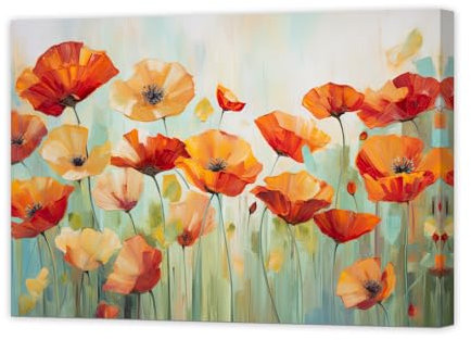 ZXHYWYM Mohnblumen Wandgemälde rotes und orangefarbenes Blumenbild Mohnblumen Poster blühender Blumen Leinwanddruck für Zuhause Badezimmer Dekoration mit Rahmen (B (70.00 x 105.00 cms))