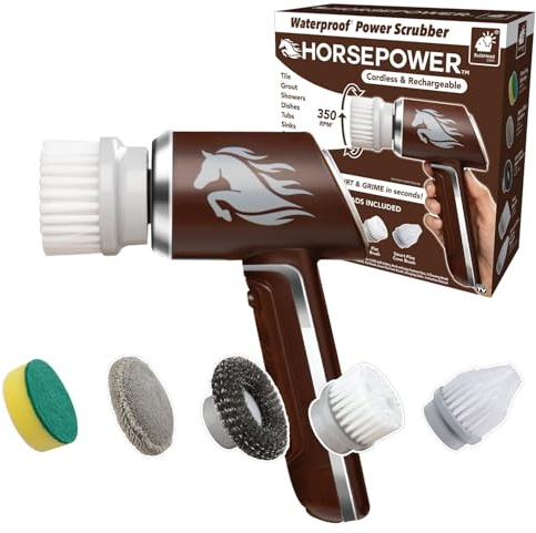 Horsepower Wasserdichter Handschrubber, dreht, 350 U/min, 5 Bürstenköpfe, AS-SEEN-ON-TV, reinigt Schmutz und Dreck von Fliesen, Fugen, Badezimmern, Küche, Autofelgen, Gartenmöbeln und mehr,