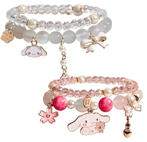 GWAWG 2 Sets Kristallperlen-Armband, schönes beigefarbenes Cartoon-Kristallperlen, elastisches Armband, schöner Cartoon-Jade-Hundeschmuck für Damen (rosa und beige), Stein