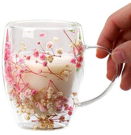 Taza de decorativa con pétalos de flores, taza de té de flores secas, vasos transparentes con flores secas, tazas de café con platillo de asa, juego de 2 tazas de jugo de leche en forma de