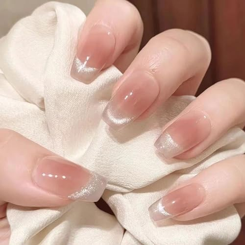 MrCuvaryas Press On Nails 24 stk Rosa Katzenauge Glänzend Fake Nails Vollständige Abdeckung, Künstliche Nägel Zum Aufkleben Kurz, Weiche Gelspitzen, Kurze Nagelspitzen Tips für Damen Mädchen Nail Art