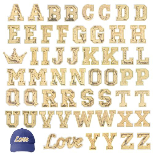 54 Stück A-Z Alphabet-Aufnäher, Pailletten Buchstaben Aufnäher zum Aufbügeln, Glitzer Aufnäher, Hotfix Buchstaben Aufnäher(Gold)