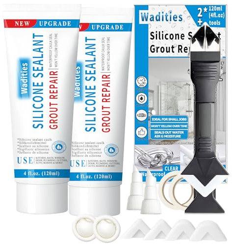 Waterproof Caulk & Seal Silicone Sealant Clear 8oz/240ml, Wadities Tile Grout Repair Kit with Grout Remove Scraper, for Bathroom, Kitchen, Floor, Tile Joints and Gaps