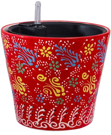 Madam Sophia Concept Pot de fleurs fait à la main en céramique avec auto-arrosage 20,3 cm Motif floral unique (rouge)