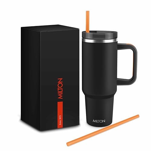 MILTON 40 oz Tumbler with Handle with 2 Straw Included, 12 Hour Hot and Cold Travel Mug, Double Walled Vacuum Insulated Thermal Cup, Stainless Steel Water Bottle, Malmo 1200, Black