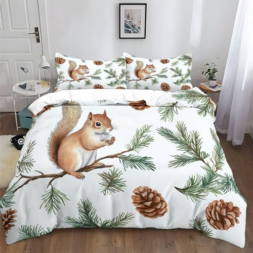 Bettwäsche Set 135x200cm Nadelzweige Eichhörnchen Bettbezug Set, Weich Antiallergen Bettbezüge mit Reißverschluss und 2 Kissenbezüge 80x80 cm für Kinder Erwachsen Jugendliche
