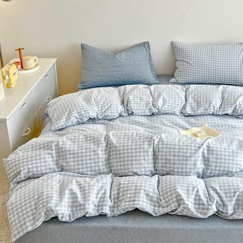 Nayoroom Bettwäsche 135x200 Blau Weiß Kariert Landhausstil Style Bettbezug 2er Set Karo Geometrische Muster Gewaschene Mikrofaser Renforce Bettwäsche-Sets mit Reißverschluss und 1 Kissenbezug 40x80 cm