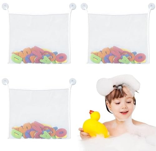 Bath Toy Storage Organiser,3PCS Bath Net for Toys, Removable and Durable, Fold-Able Bath Toy Storage Net, Mesh Bathtub Toy Holder Bags with 6 Suction Cups for Mesh Bath, Keep Bathtub Water Mold Free