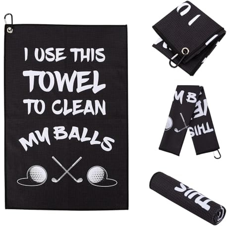 Printed Golf Ball Towel Funny Accessories for Men boy Bags with Clip Black | golf gifts for husband dad boyfriend grandad birthday christmas wiping dirty gear on course club cleaner gadgets mens towels