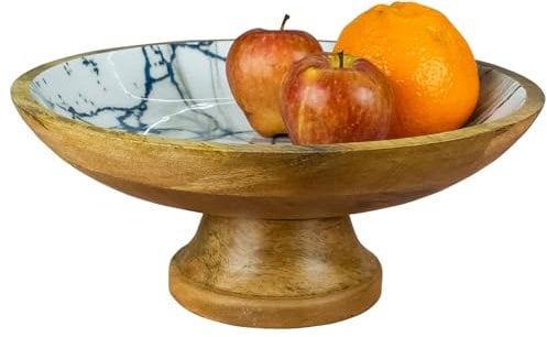 Wood Fruit Bowl or Decorative Pedestal Bowl for Table Décor, for Kitchen Counter, Detachable Base,12-inch Large Bowls,Mango Wood (Blue Marble)