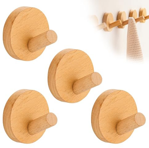 SoeUyd 4 Pièce Crochets Muraux en Bois, Patere Murale Bois, Crochet Murals Boi, Crochets Ronds en Boi Sans Perçage, pour les Couloirs, les Armoires, les Chambres et les Salles de Bains
