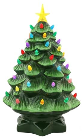 Hot !Piccolo albero di Natale in ceramica con luci, dipinto a mano, vintage, da tavolo, decorazione per le vacanze, con luci multicolori, albero di Natale verde illuminato (verde, taglia unica)