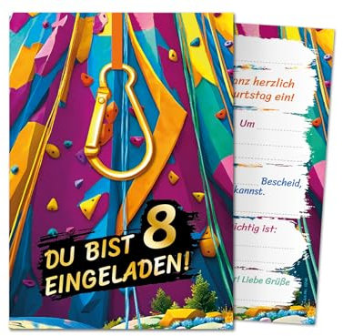 12 Einladungskarten zum 8. Kindergeburtstag Jungen Mädchen Klettern Kletterpark coole bunte Einladungen achte Geburtstag