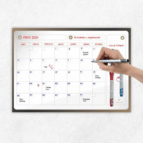PREVIS Pizarra Calendario Pared Adhesivo A3 40x30cm con 3 Rotuladores - Planificador Mensual Cocina, Escritorio, Habitación, Oficina - Wall Calendar 2025 Planner