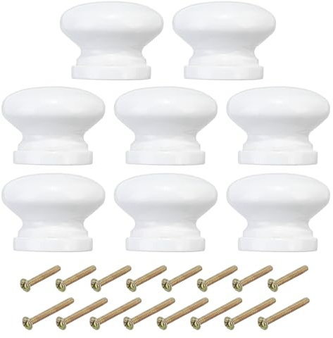 PATIKIL 1-1/8 Inch Knobs, 8 Pcs Round Drawer Dresser Knobs Wood Handles Knobs Drawer Pulls with Screws for Kitchen Cupboard Furniture Door, White