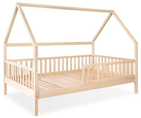 Ehrenkind® Hausbett Buche Livo | FSC Zertifiziert | Kinderbett mit Rausfallschutz | höhenverstellbar Massivholz | Kinder Bett | Hausbett 120x200 cm | Natur