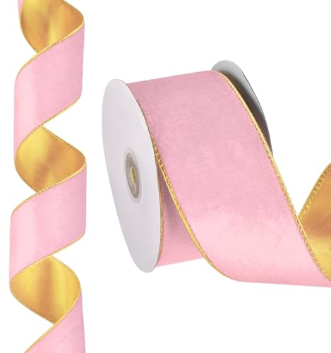 PATIKIL 10 Yards x 2.5 Christmas Ribbon, Velvet Ribbons Gift Wrapping Ribbon for Craft Birthday Wedding Festival Holiday Decoration, Light Pink/Gold
