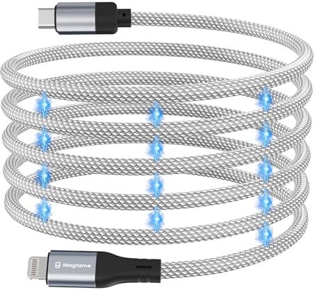 Magtame Magnetic USB C to Lightning Cable Coiled, 1M/3.3ft MFi Certified iPhone Fast Charging, Braided Type C to Lightning Cables for iPhone 14 13 12 11 Pro Max XR XS X 8 Plus Silvery