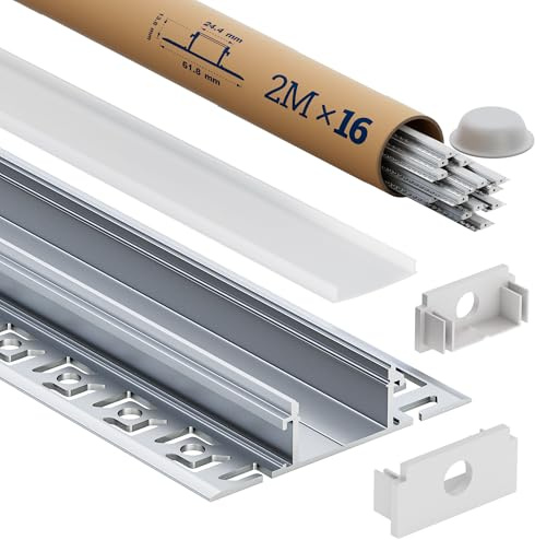 Profilé LED 2m en Aluminium encastrable placo, Lot de 16 Rails LED avec Diffuseur | Pour Rubans LED jusqu’à 20mm, Dimensions 61.8 × 13.8mm, Inclus embouts, vis et clips de montage (SA02, 2M 16 pièces)