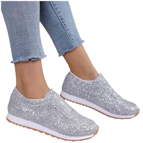 Womens Glitter Slip On Trainers Sequin Shoes For Women Breathable Lightweight Sneakers Sparkly Metallic Sport Pumps For Party Casual Plat Bottom Walking Trainers Tennis Shoes For Women Uk