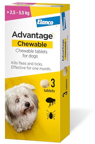 Advantage Chewable 112mg Chewable Tablets for Dogs >2.5-5.5kg (3 pack), Flea and Tick Treatment, Fast Acting Kills Fleas Within Hours, Prevention Lasts For A Month, Easy To Administer