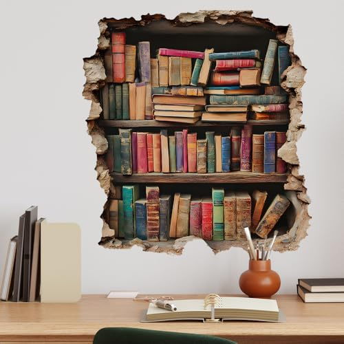 Flaxarne 3D Bookshelf Wall Stickers Faux Hole Book Design Decorative PVC Wall Art for Bedroom Living Room Decoration