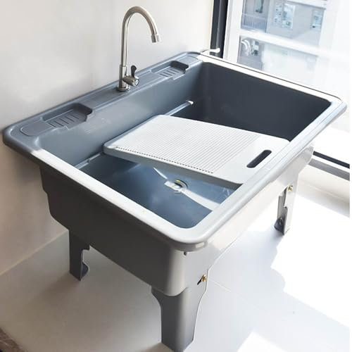 Fregadero de lavandería de plástico Independiente con Tabla de Lavar, Fregadero de Servicio, Tina de lavandería con Grifo de Agua fría y Caliente, lavadero, Piscina, Lavabo de Limpieza, freg