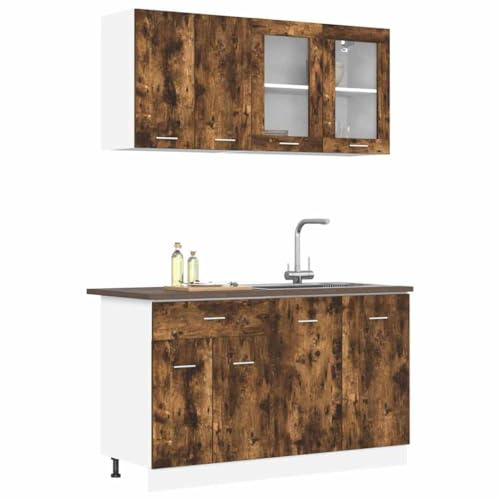 vidaXL Kücheneinheit Lyon 4 STK. Geräucherte Eiche Holzwerkstoff | Stylische geräucherte Eichenoberfläche für moderne Küchen, Kommt mit 4 Schränken und mehreren Fächern,