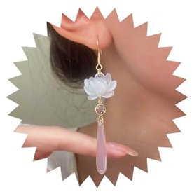 Cybche Vintage Lotus Flower Dangle Earrings Pink Floral Drop Earrings Long Teardrop Earring Acrylic Waterdrop Earring Water Lily Jewelry for Women