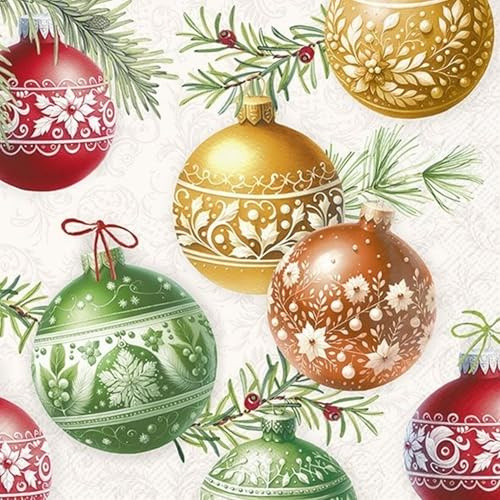20 Servietten Weihnachten Bunte Kugeln mit Ornamente als Tischdeko. Papierservietten mit Motiv. Auch für Decoupage und Serviettentechnik 33x33cm