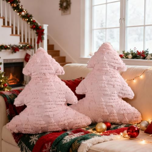 Lanpn 2 Stück Weihnachtsbaum Kissen Weihnachtskissen, Baum Weihnachts Kissen Dekokissen Flauschiges Zierkissen für Party Bett Sofa Couch Weihnachtsdeko (Rosa, 40,5x45,5cm)